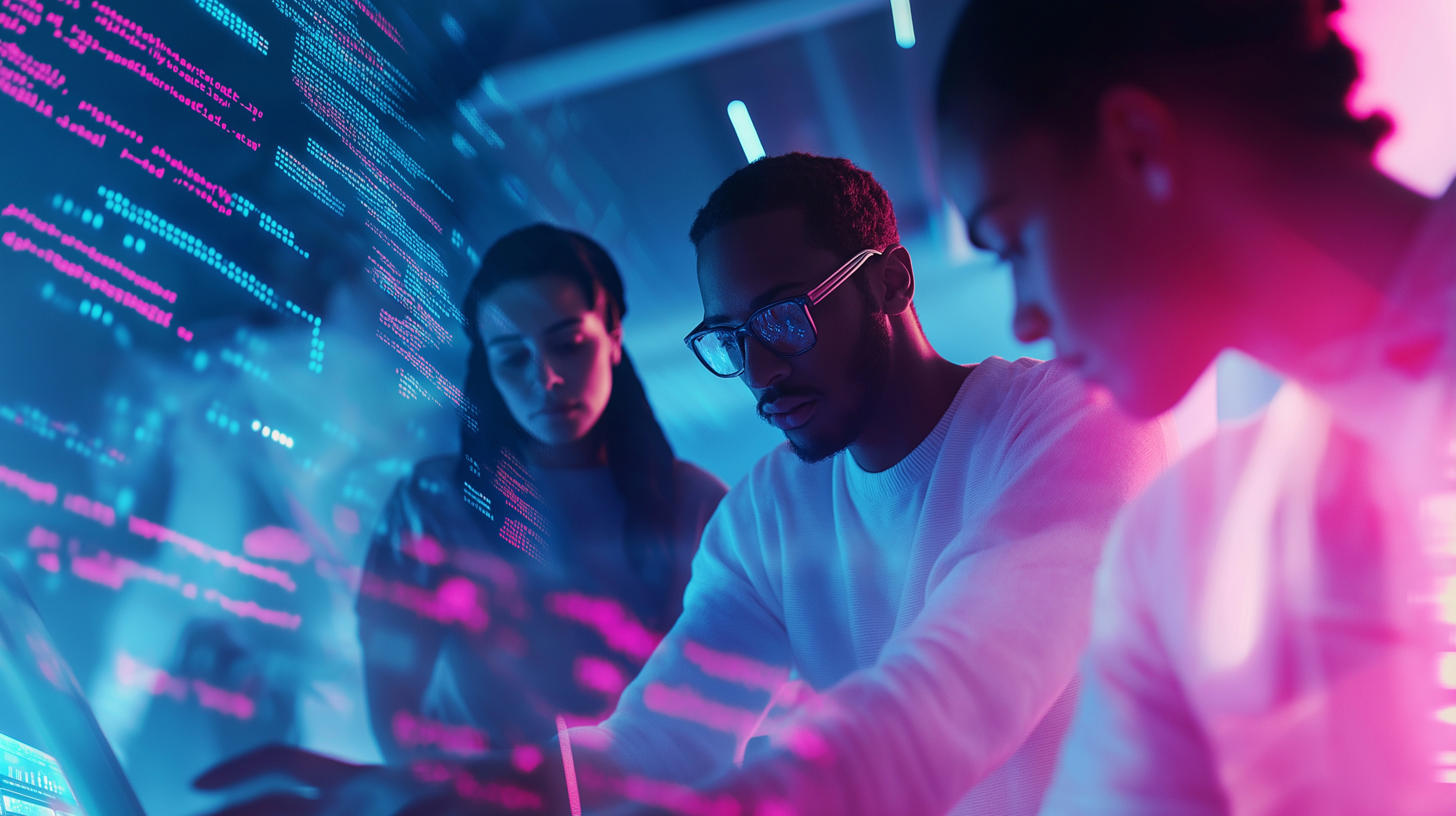 Two People Wearing Futuristic AR Glasses, Collaborating On A Digital Interface Project