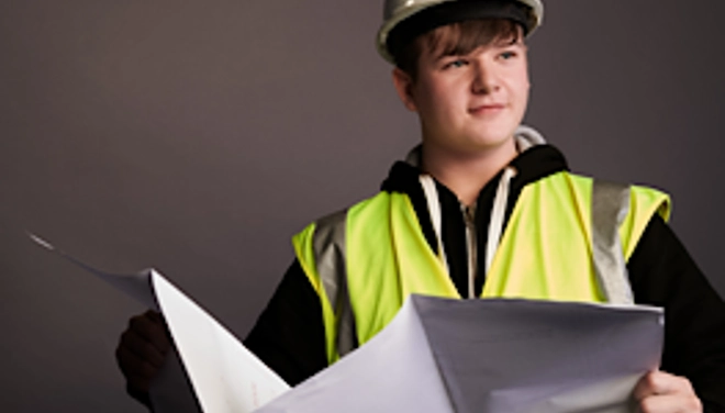 Person with large document and high visibility jacket