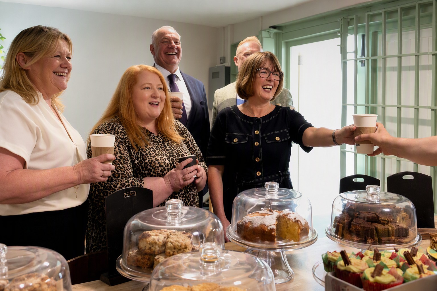 Joining the Minister in the café are Tracy Megrath, Maghaberry Prison Governor, and Beverley Wall, Northern Ireland Prison Service Director General